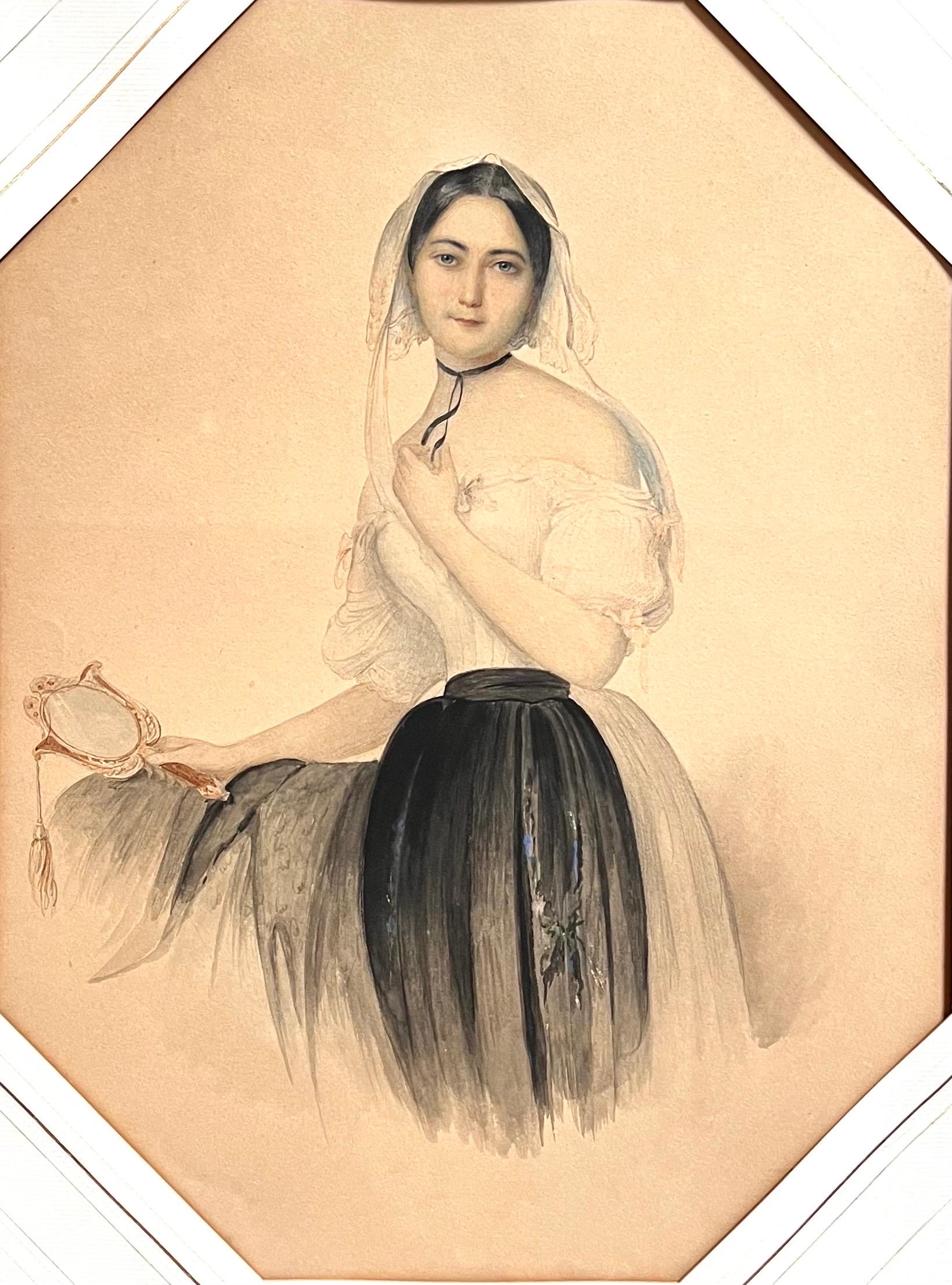 Jeune femme avec un miroir - Dessin aquarellé du 19e siècle Bon état - En vente à Beuzevillette, FR