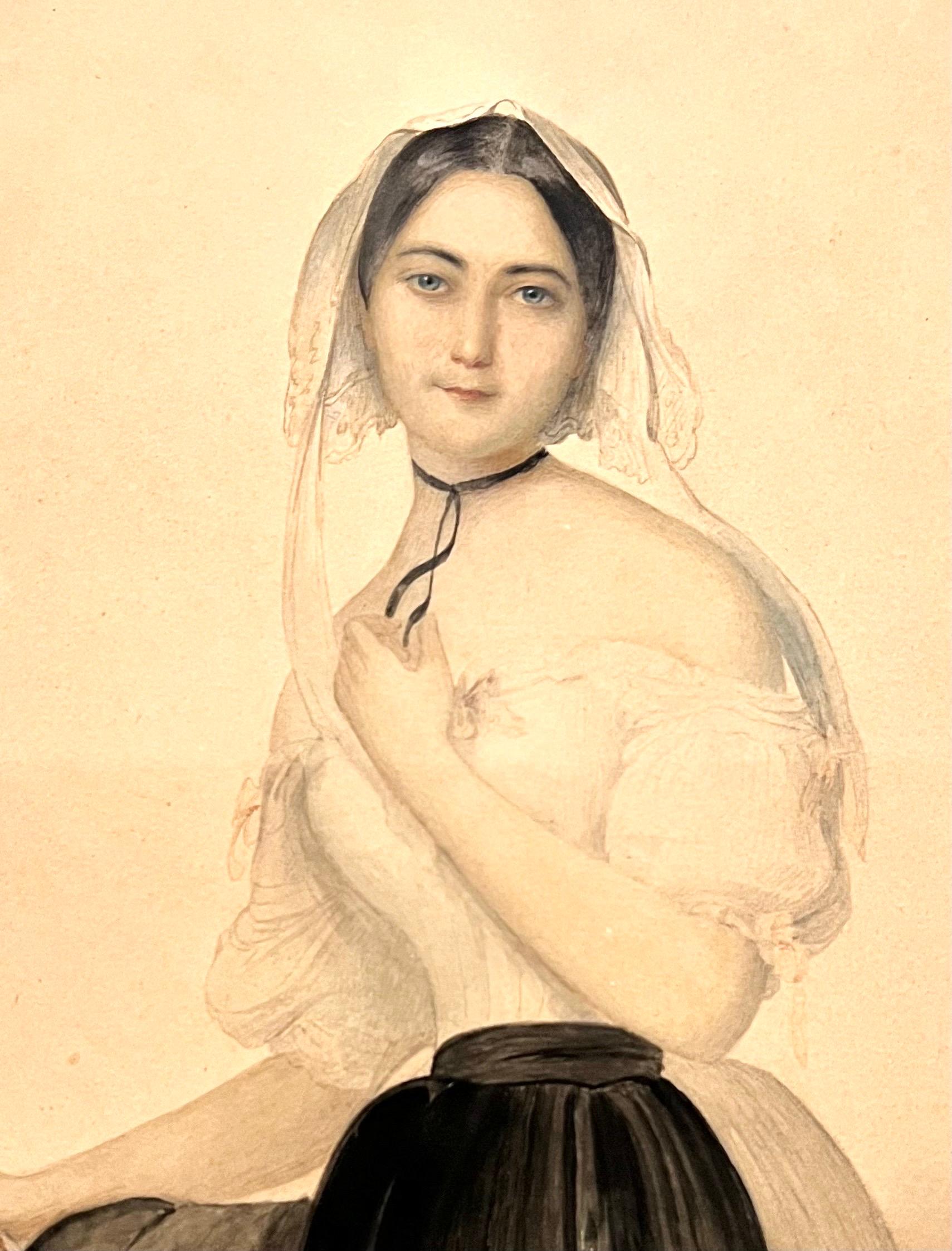 XIXe siècle Jeune femme avec un miroir - Dessin aquarellé du 19e siècle en vente