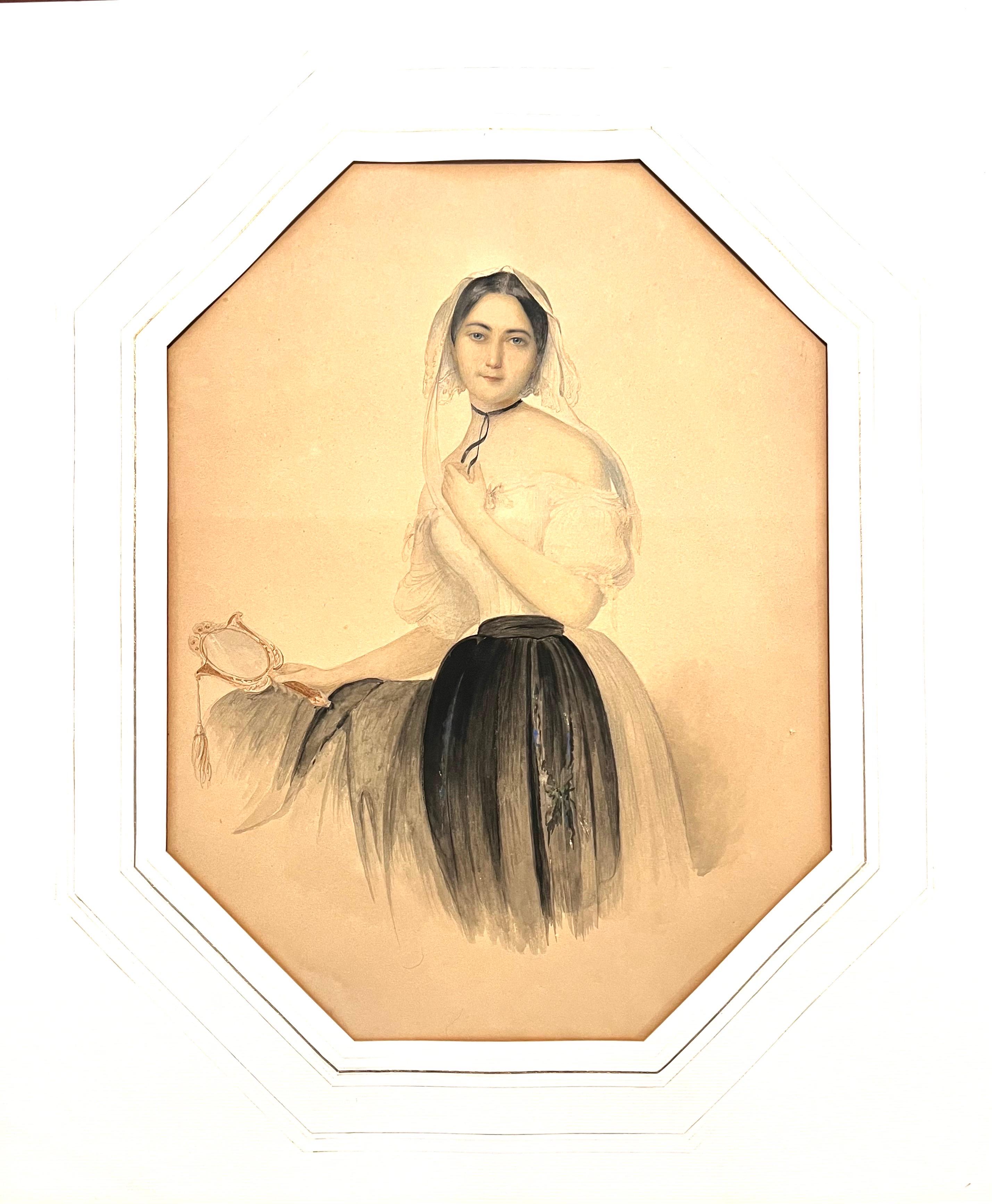 Jeune femme avec un miroir - Dessin aquarellé du 19e siècle en vente 1