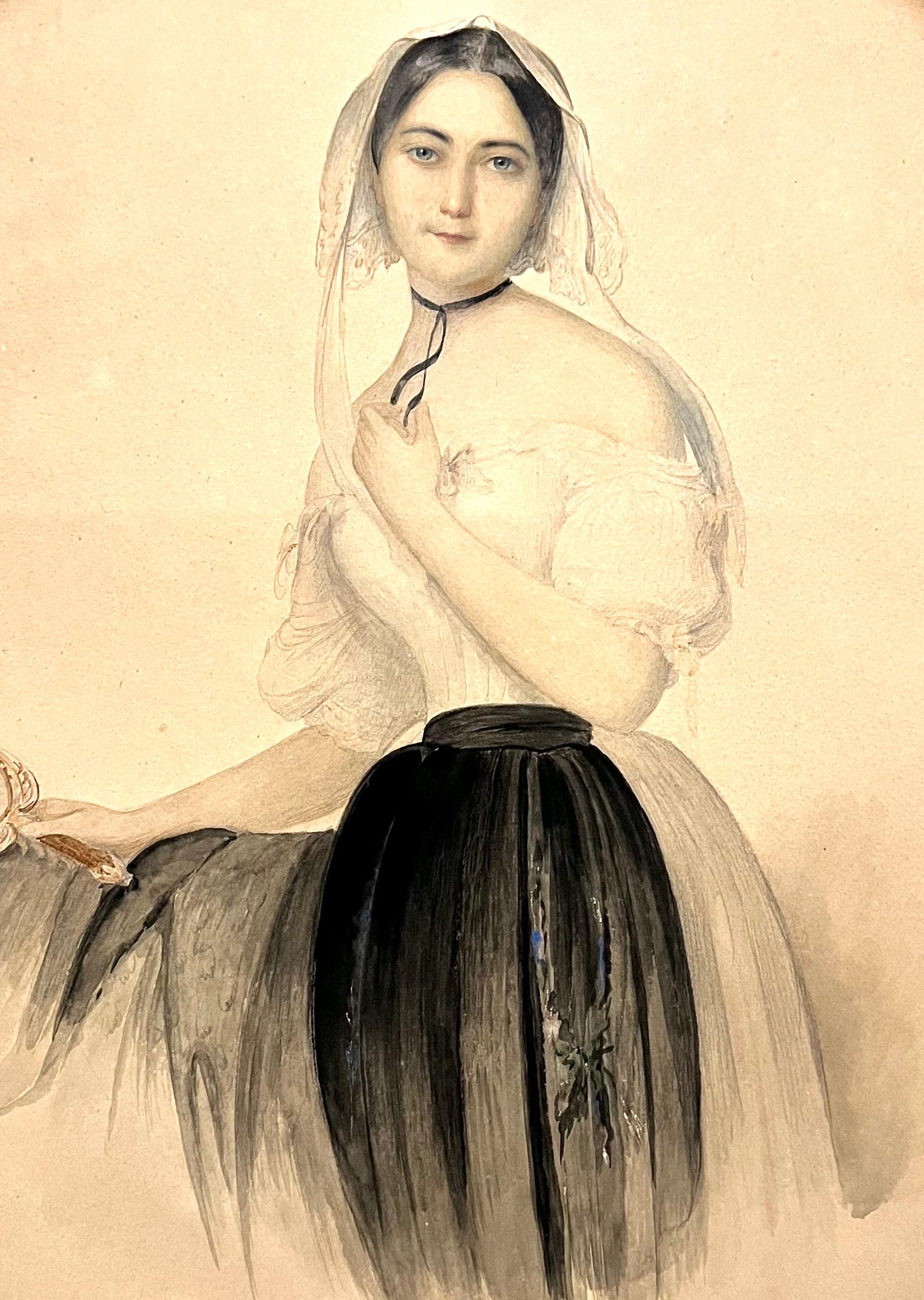Jeune femme avec un miroir - Dessin aquarellé du 19e siècle en vente 2