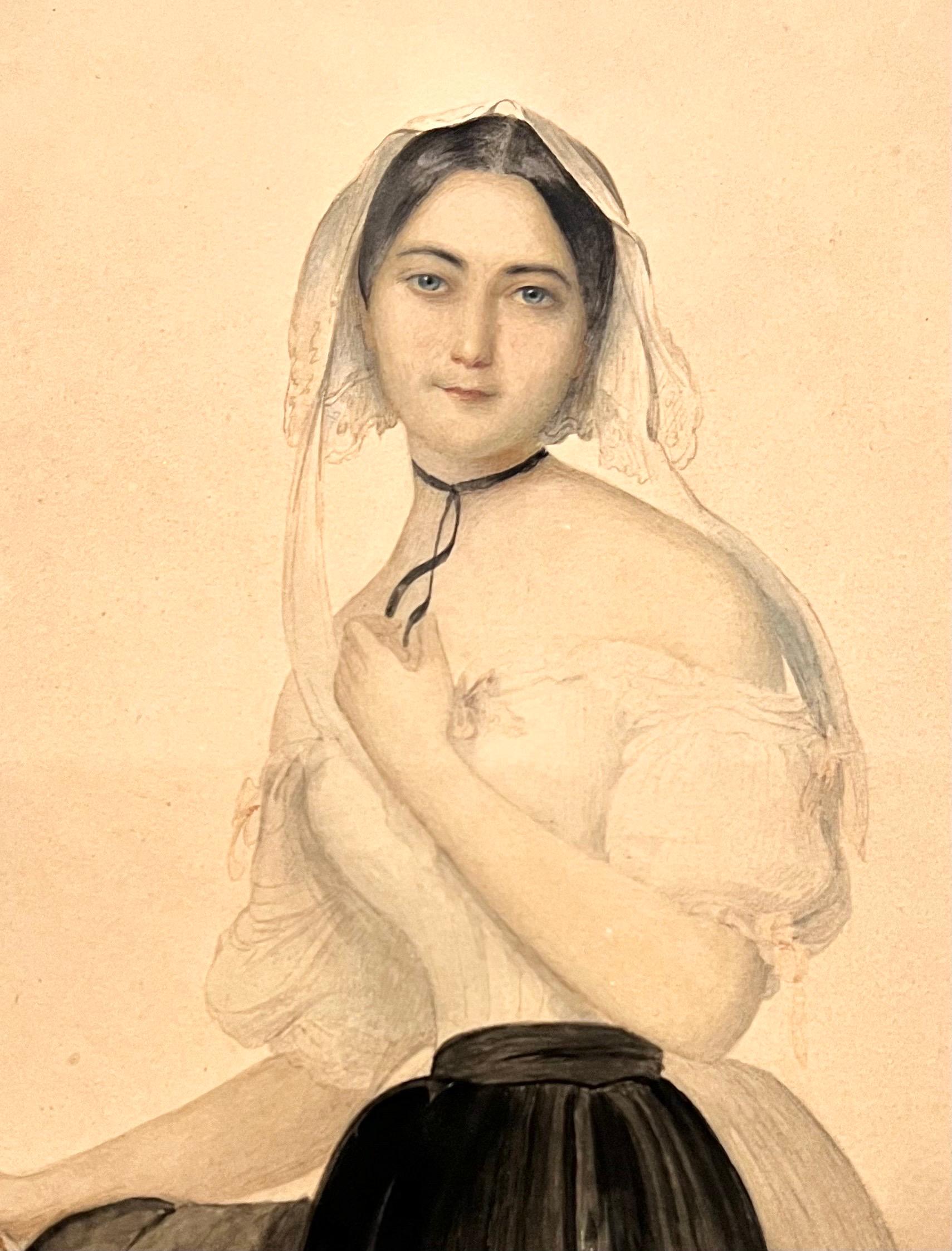 Jeune femme avec un miroir - Dessin aquarellé du 19e siècle en vente 3