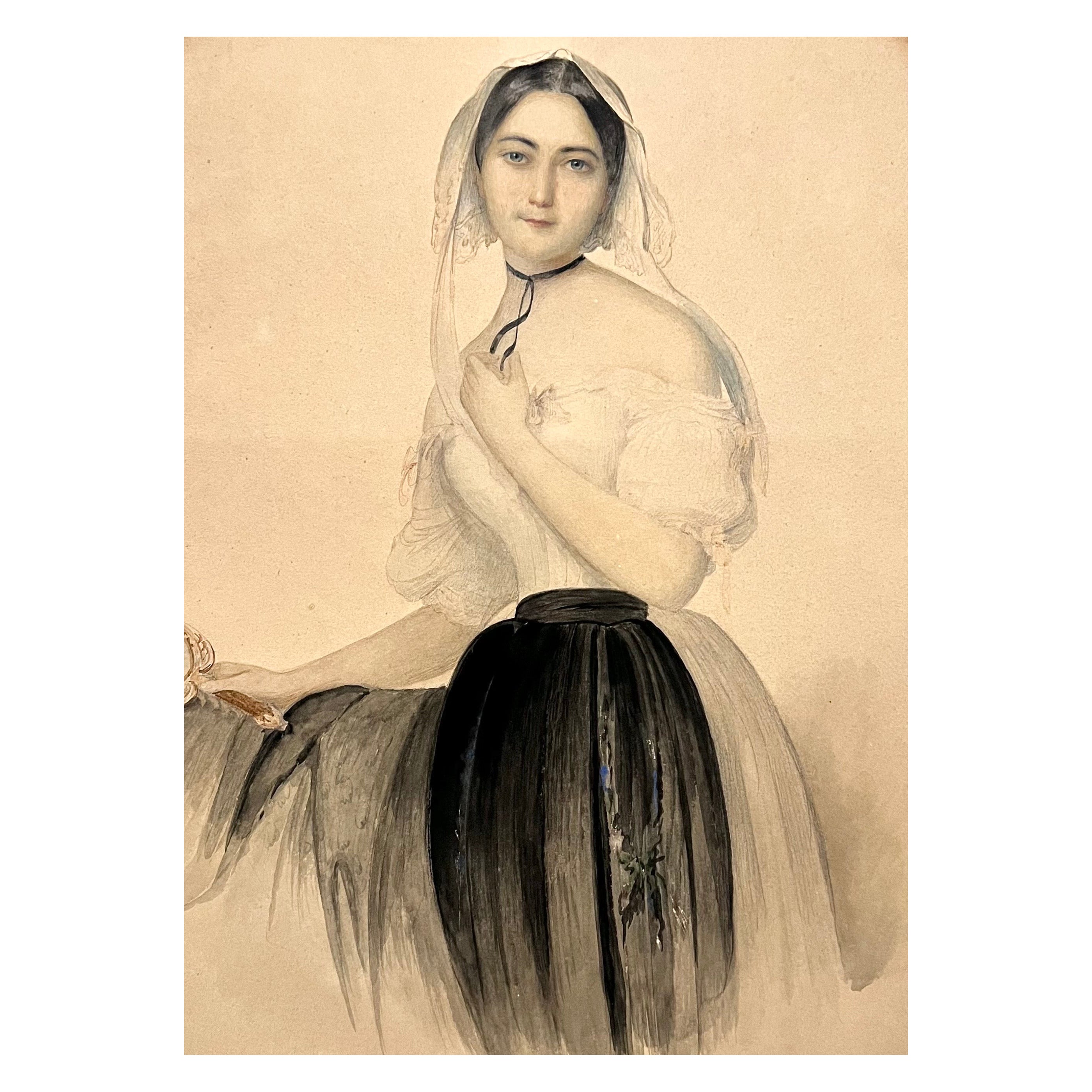 Jeune femme avec un miroir - Dessin aquarellé du 19e siècle en vente