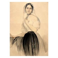 Young woman with a mirror - 19th century watercolor drawing