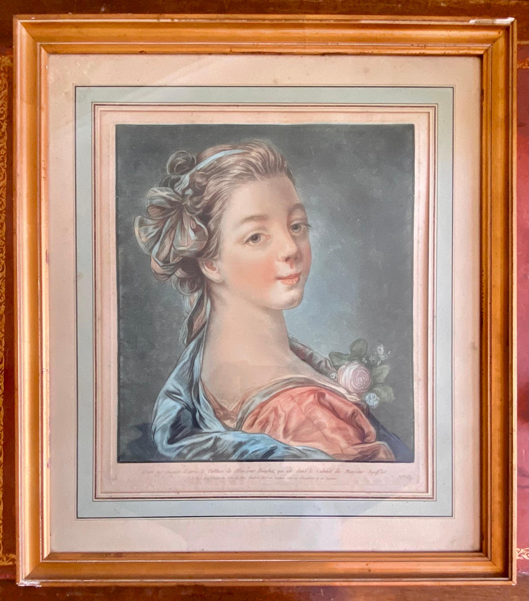 Louis XV Jeune femme au ruban - Gravure d'après François Boucher 18e - I.L.A. Capot en vente