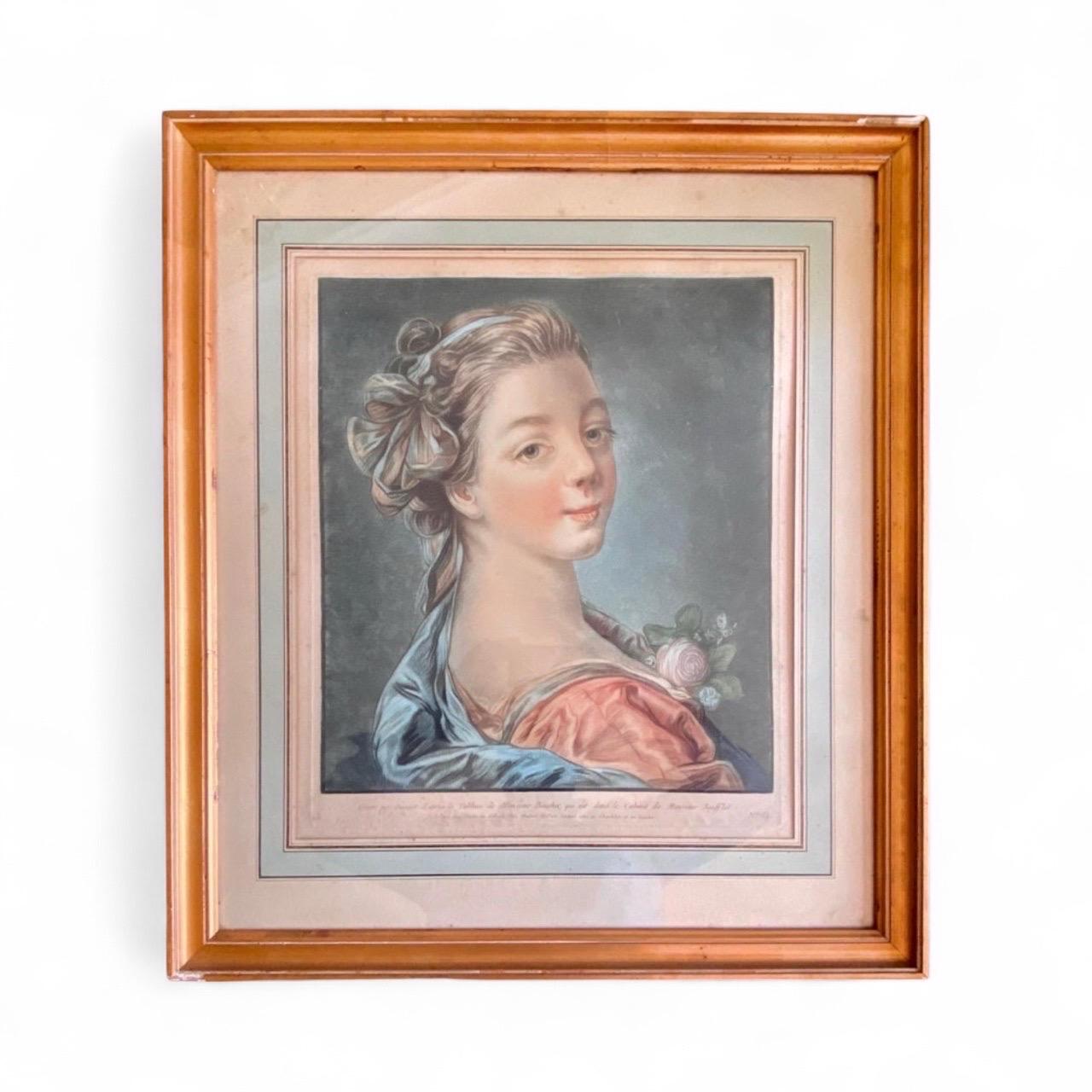 Jeune femme au ruban - Gravure d'après François Boucher 18e - I.L.A. Capot Bon état - En vente à Beuzevillette, FR