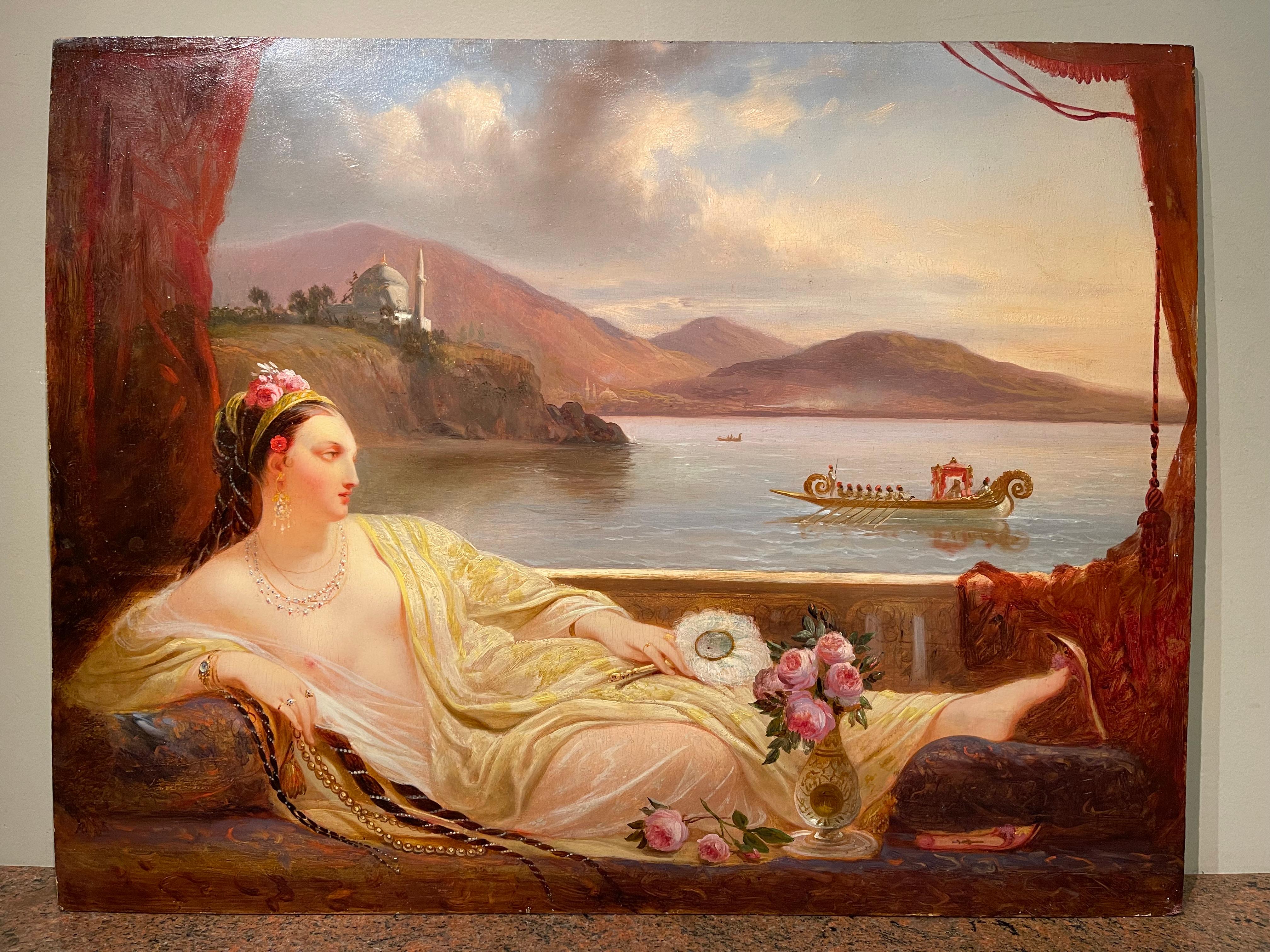 Oil on panel portraying a languid young woman, perhaps a favorite or the wife of the Sultan, admiring what is thought to be the Bosphorus. 
A rich boat with several oarsmen is approaching, and she appears to be observing them.
In the distance, two