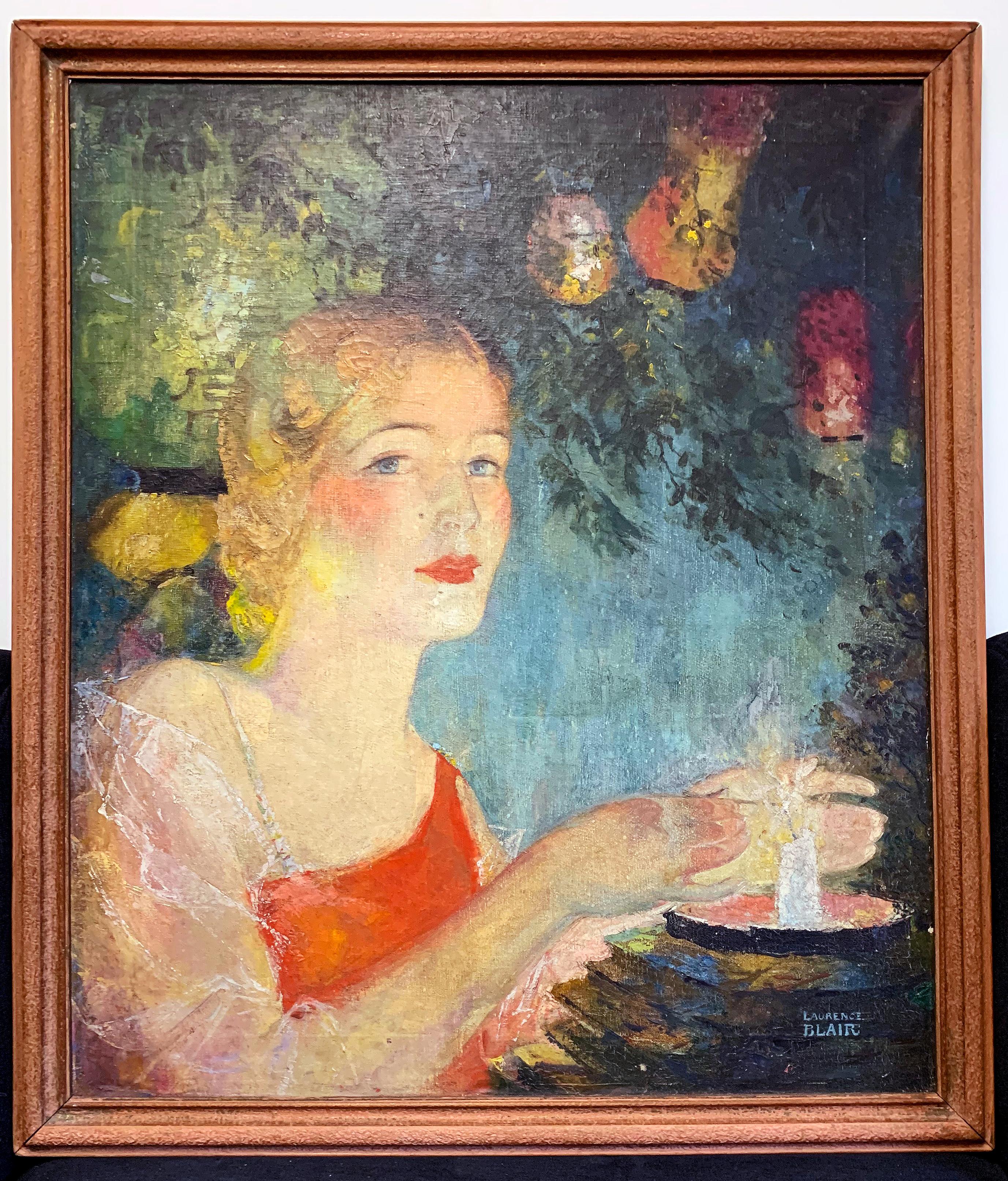 Suffused with atmospheric light and rich colors, this delightful painting of a young woman lighting a candle and surrounded by a cloud of Japanese paper lanterns, was painted by Laurence Blair, a New Jersey artist, in the 1920s. The woman's blue