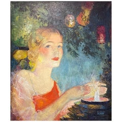 « Jeune femme avec des lanternes japonaises », magnifique et charmante peinture Art déco