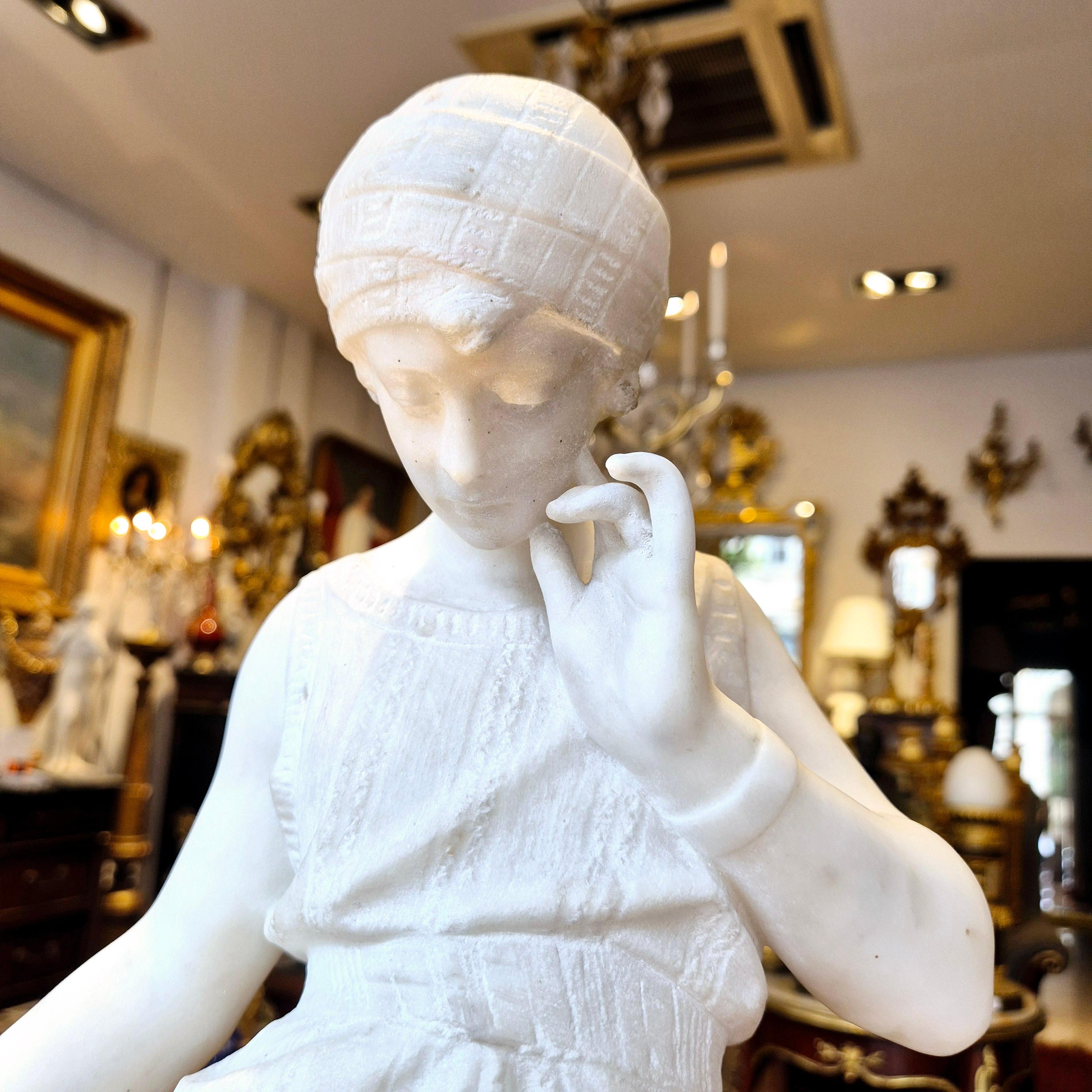 Art Nouveau Young woman with jug, Carrara marble, signed Bonnal, early 20th century For Sale