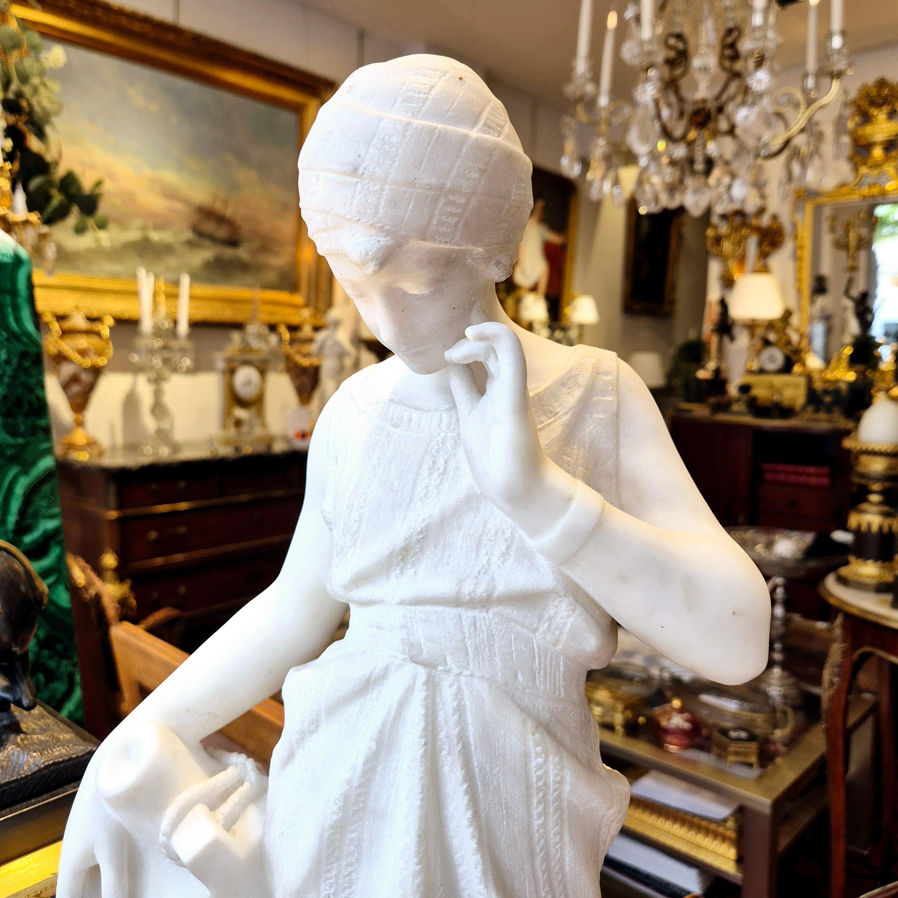 Hand-Carved Young woman with jug, Carrara marble, signed Bonnal, early 20th century For Sale