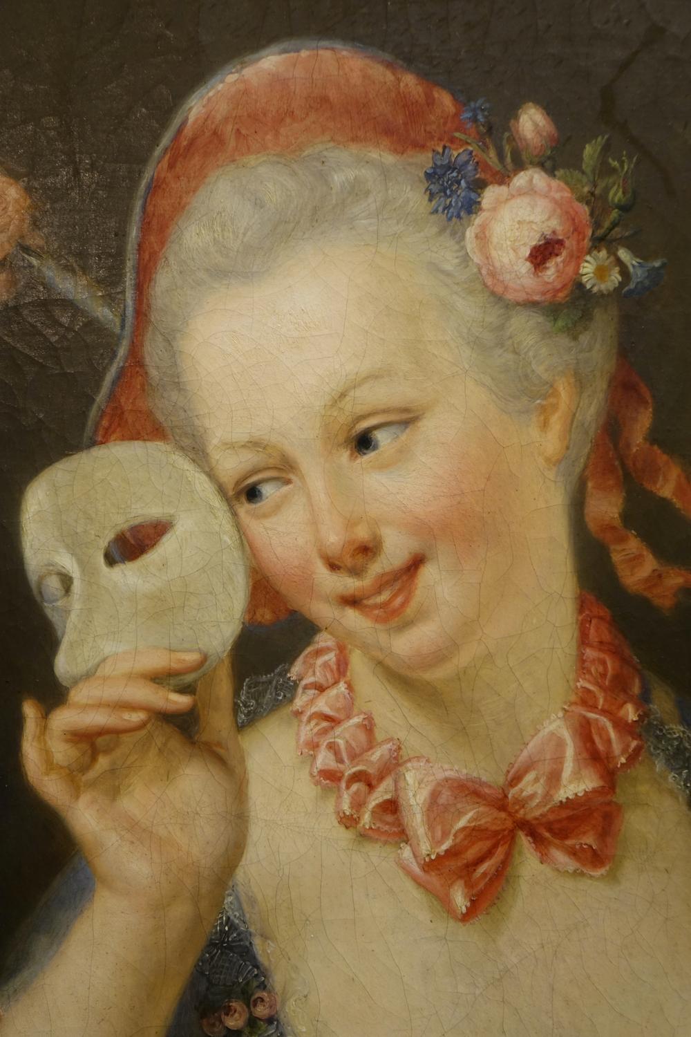 Hand-Painted Young woman with mask, Henri SERRUR, 1844 For Sale