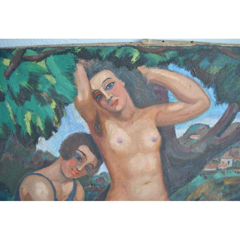 French Young Women in Bathing Oil on Canvas 1930 Signed Thioll For Sale