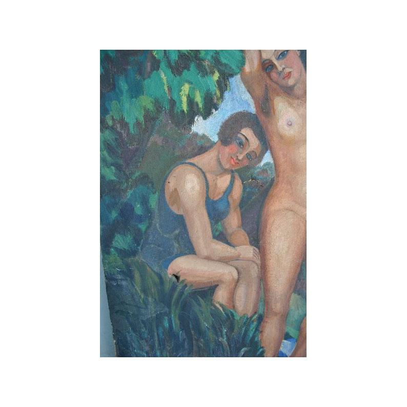 Hand-Painted Young Women in Bathing Oil on Canvas 1930 Signed Thioll For Sale