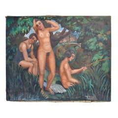 Young Women in Bathing Oil on Canvas 1930 Signed Thioll