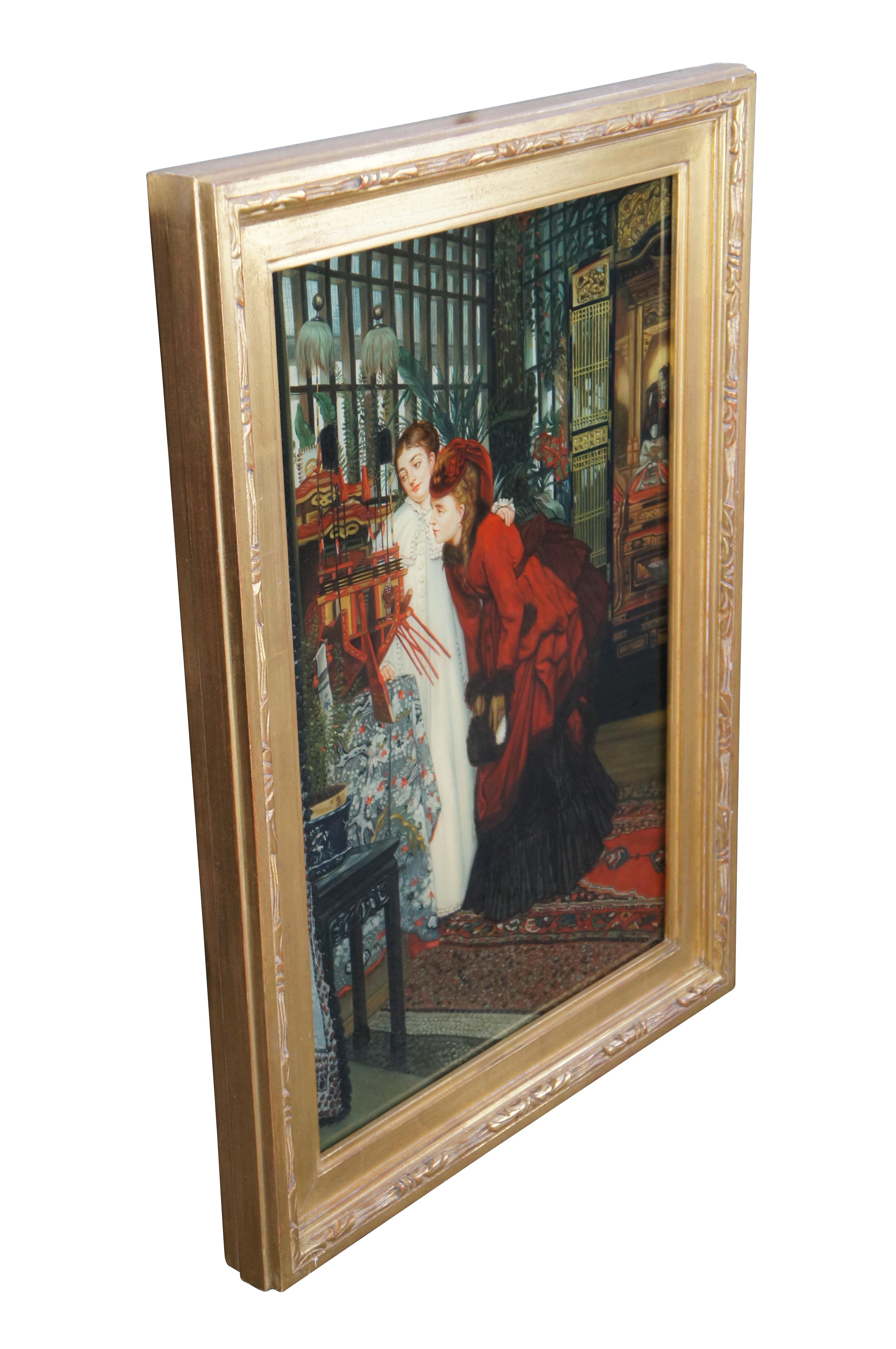 Mujeres jóvenes mirando artículos japoneses, óleo sobre lienzo de finales del siglo XX, Según James Tissot.  Marco de madera con acabado dorado.  

James Tissot (1836-1902) fue un pintor e ilustrador francés cuya obra incorporaba elementos del