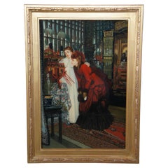 Mujer joven mirando artículos japoneses Pintura al óleo Según James Tissot 35".