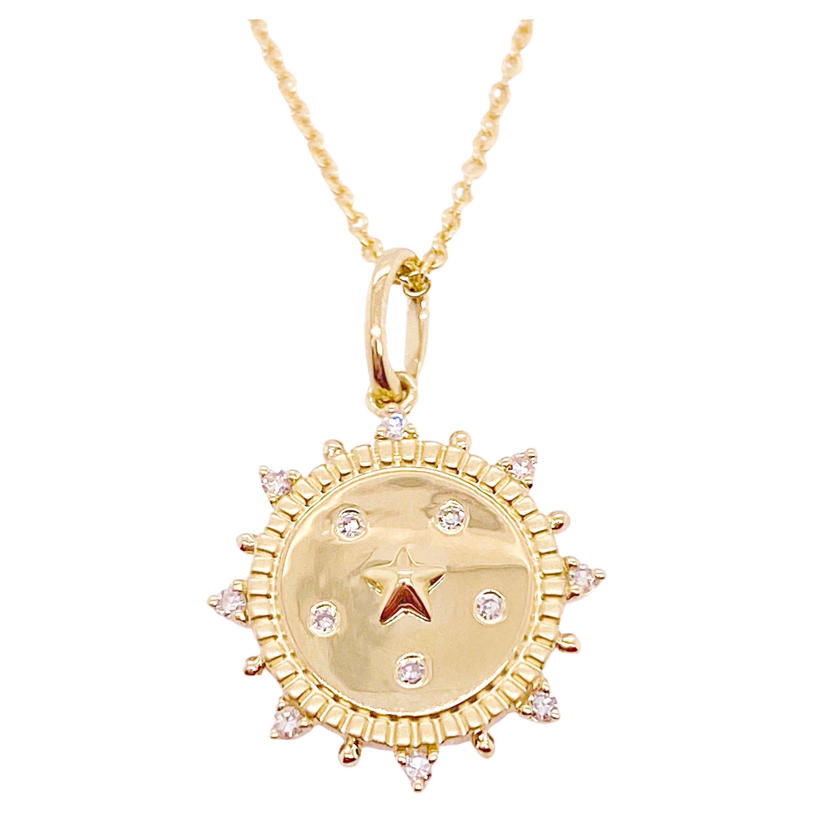 Your Star Necklace, Diamonds & Star Disk Pendant, 13 Diamond Pendant Yellow Gold For Sale