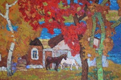 Vintage Landscape Oil Painting of the Fall with Horses, Colourful Horse Art