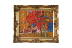 Vintage Landschaft Ölgemälde der Herbst mit Pferden, bunte Pferd Kunst
