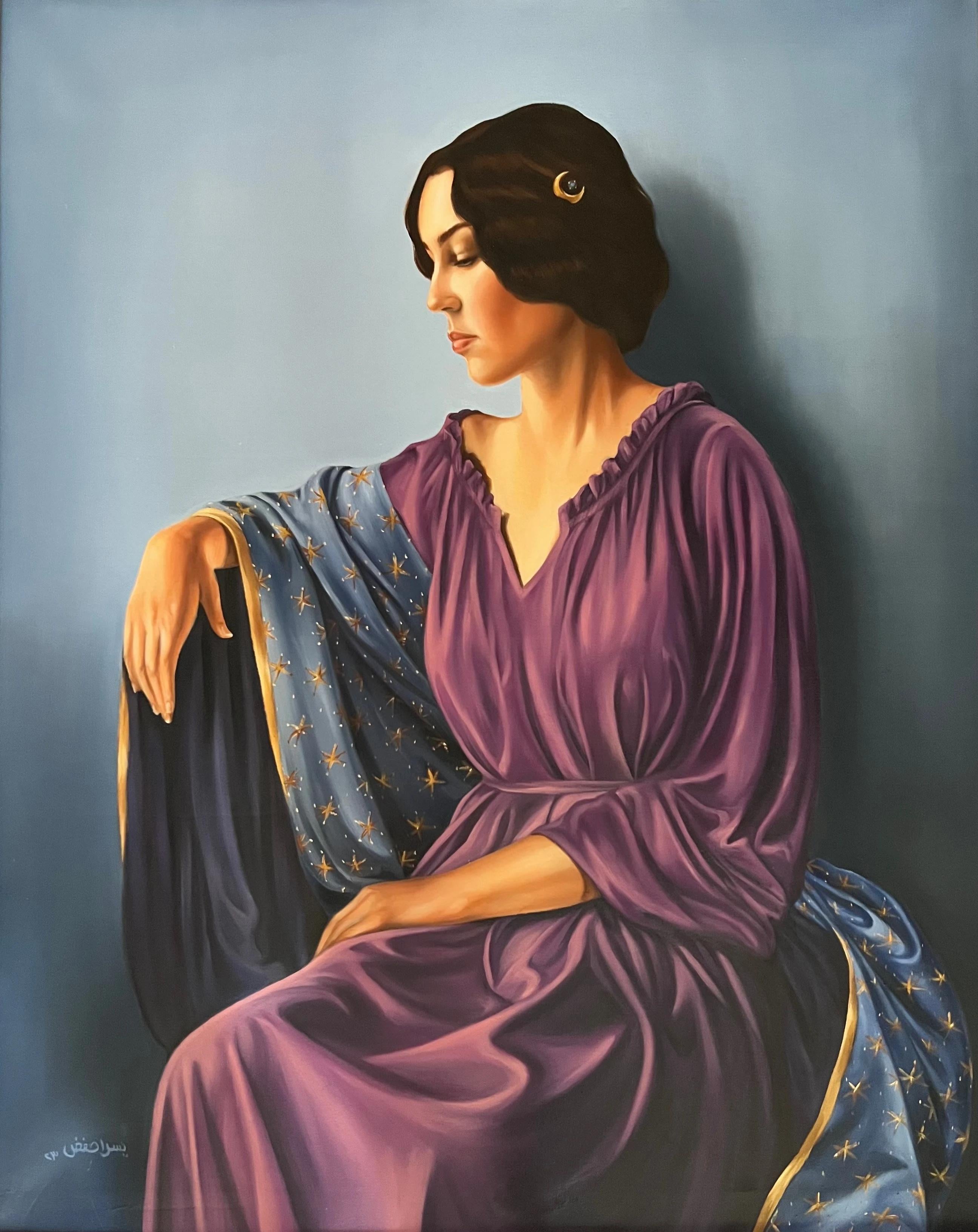 Yousra Hafad						 Figurative Painting - "Celestial Robe" Oil painting 39" x 32" inch by Yousra Hafad			