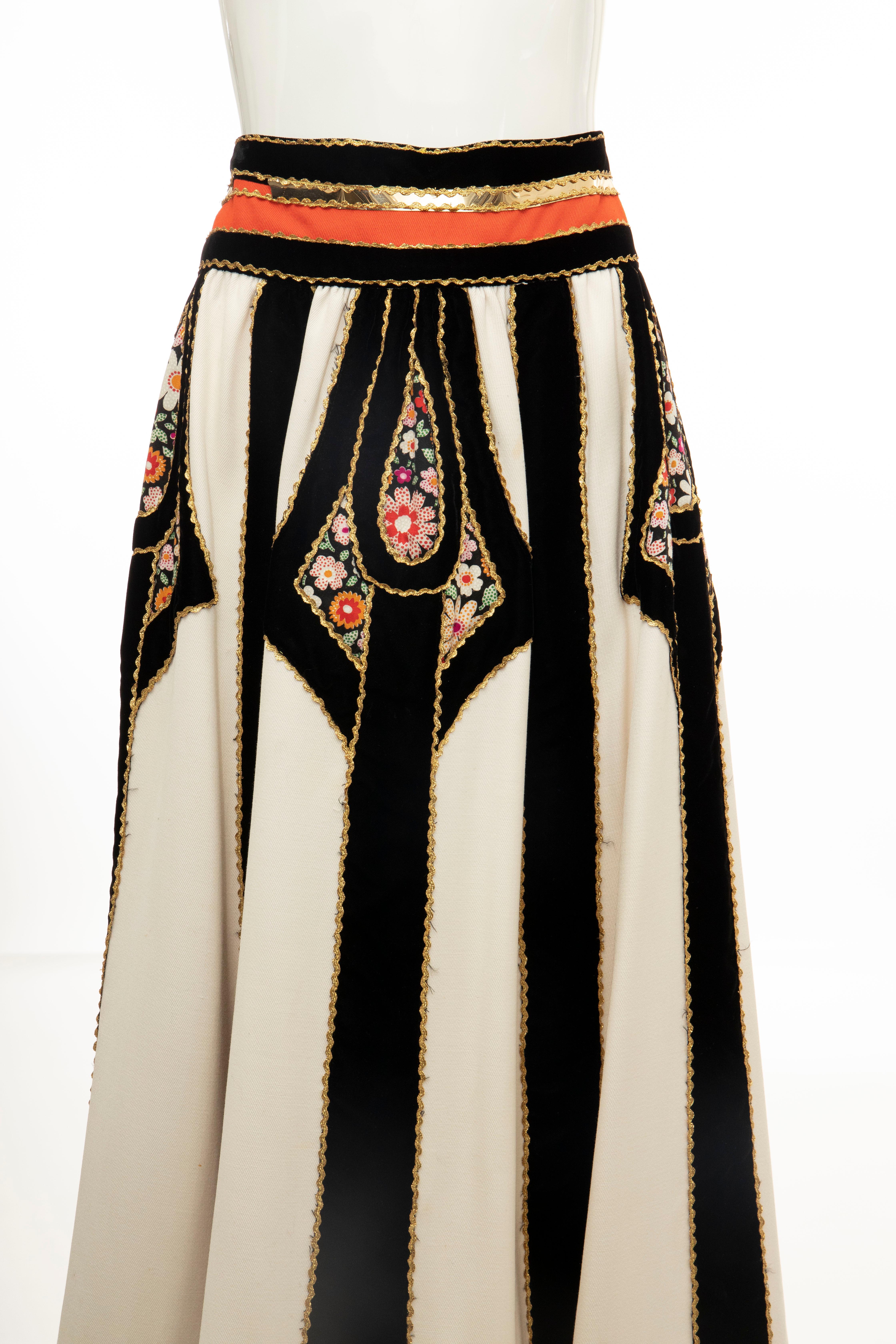 Youssef Rizkallah for Malcolm Starr, Caspian Sea Collection, Circa: 1971 wool twill and black velvet circle skirt appliquéd with red and gold rickrack, gold vinyl 