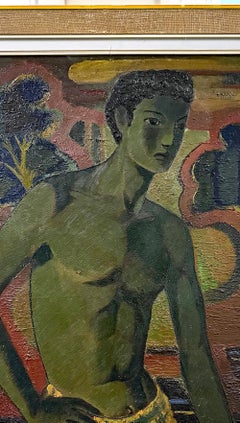 "Youth in Plaid Swimsuit", Stunning 1940s Painting of Male Figure in Green & Red