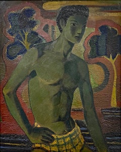 "Youth in Plaid Swimsuit", Stunning 1940s Painting of Male Figure in Green & Red