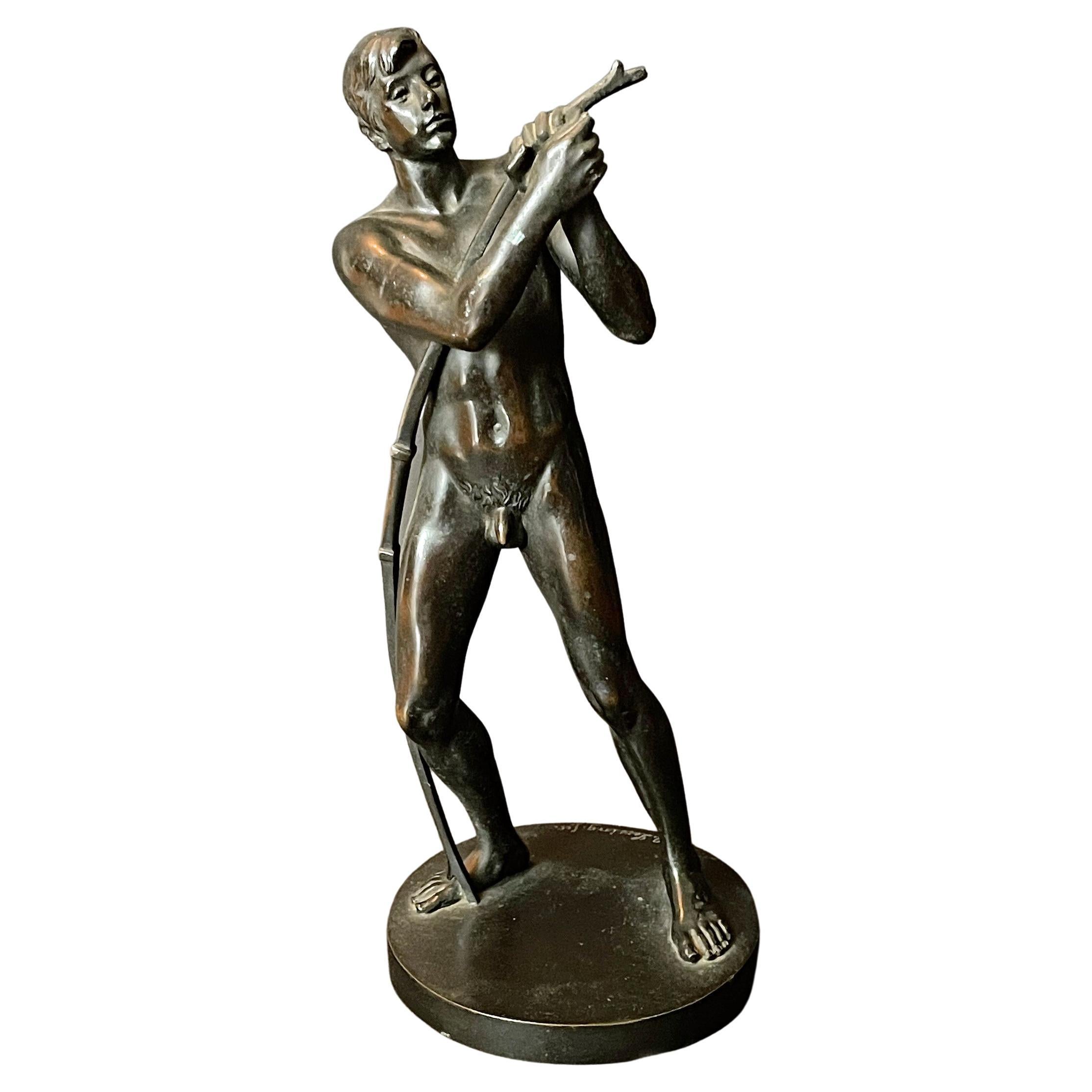 "Youth Stringing Bow," Rare, Beautifully Detailed Male Nude Bronze by Lessing