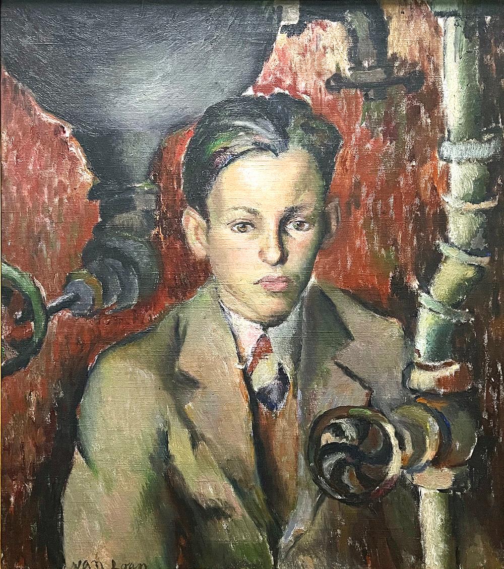 Beautifully and sensitively painted, this WPA-period portrait of a young man in an unusual setting -- perhaps a boiler room or plumbing closet -- was executed by Dorothy Van Loan, a celebrated modernist who won many prizes and medals in the 1920s,
