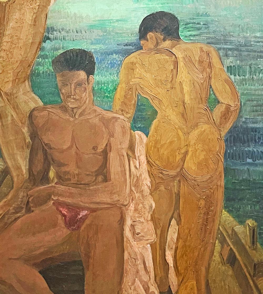 Brilliantly painted in tones of turquoise, Mediterranean blue, aqua, sky blue and a range of rich browns, tans and grays, this view of three young men bathing in the bay of Algiers is highly evocative of a time when men swam and bathed together in