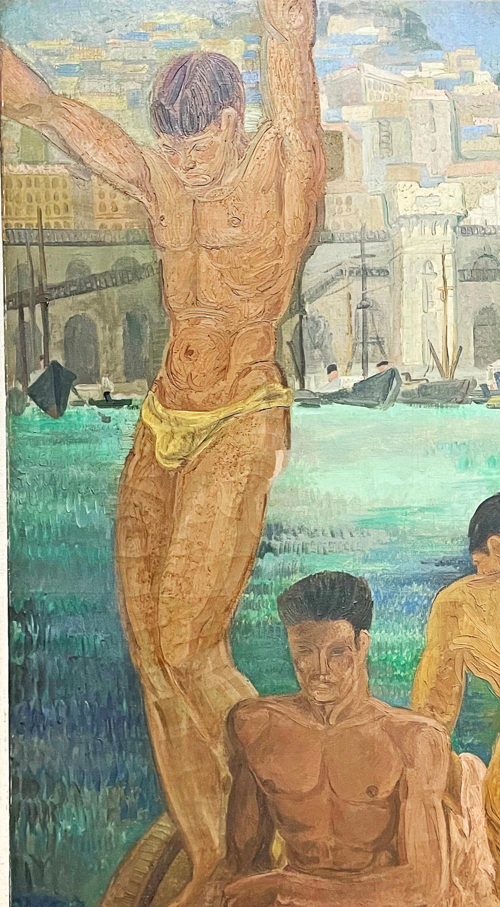 „ Junge Jungen, die in der Bucht von Algier baden“, monumentales Gemälde von Ortega, 1934 (Art déco) im Angebot