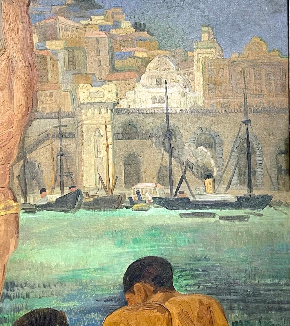 „ Junge Jungen, die in der Bucht von Algier baden“, monumentales Gemälde von Ortega, 1934 (Gemalt) im Angebot