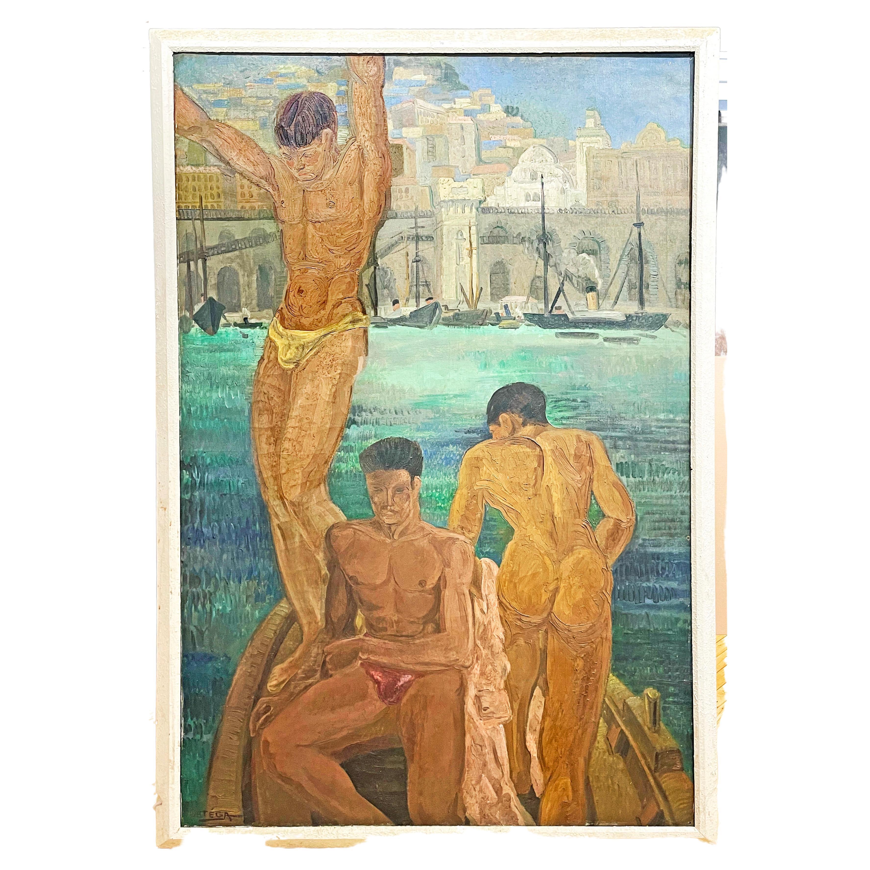 „ Junge Jungen, die in der Bucht von Algier baden“, monumentales Gemälde von Ortega, 1934 im Angebot