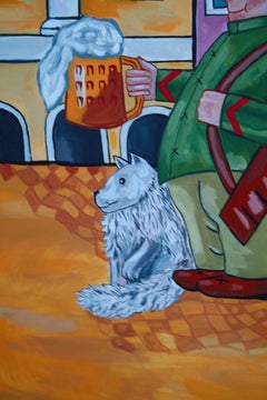 Svejk And The Beer II – Figuratives Gemälde in Gelb, Braun, Grün, Blau und Rosa