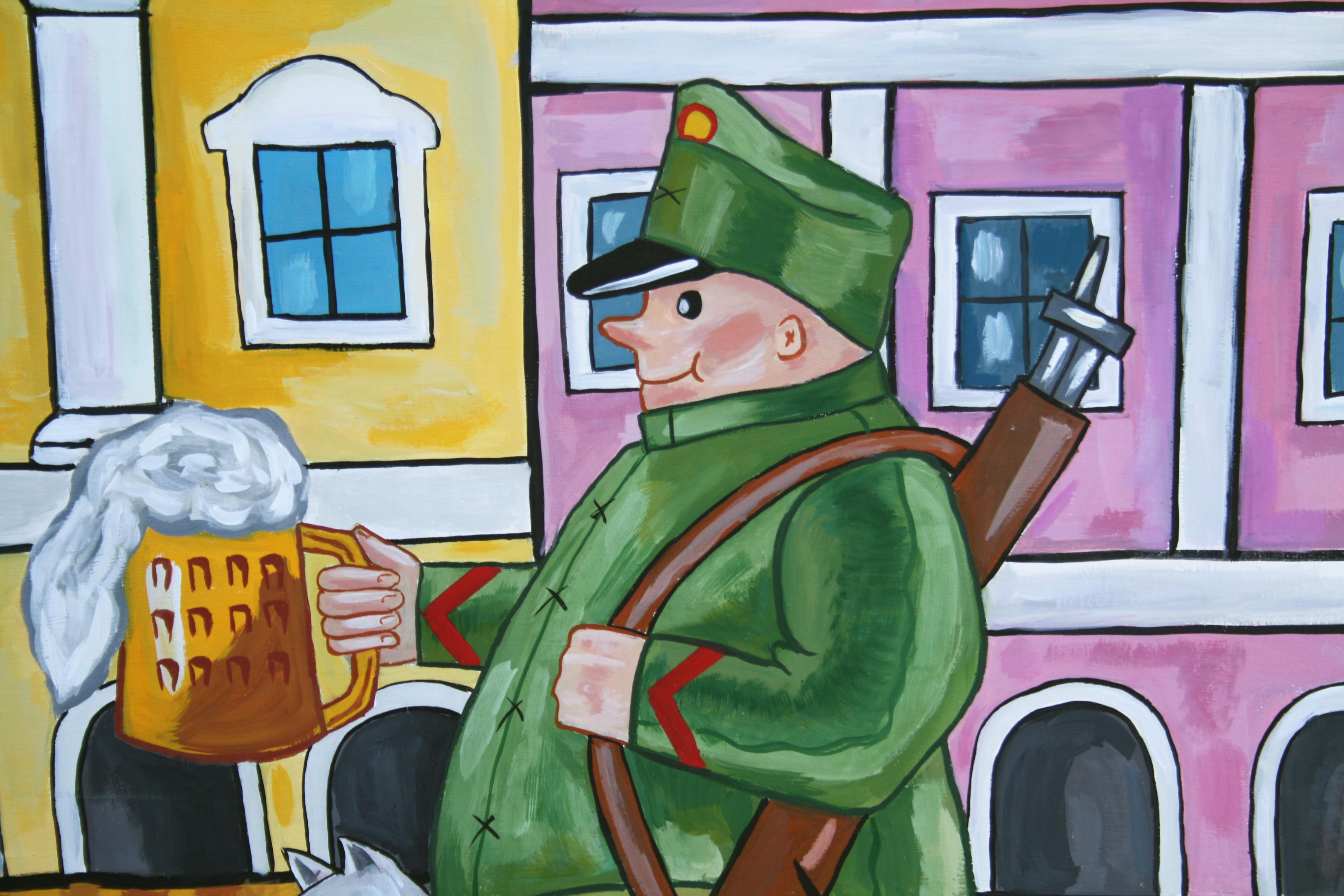 Svejk And The Beer II – Figuratives Gemälde in Gelb, Braun, Grün, Blau und Rosa  (Moderne), Painting, von Yovana Dimitrova
