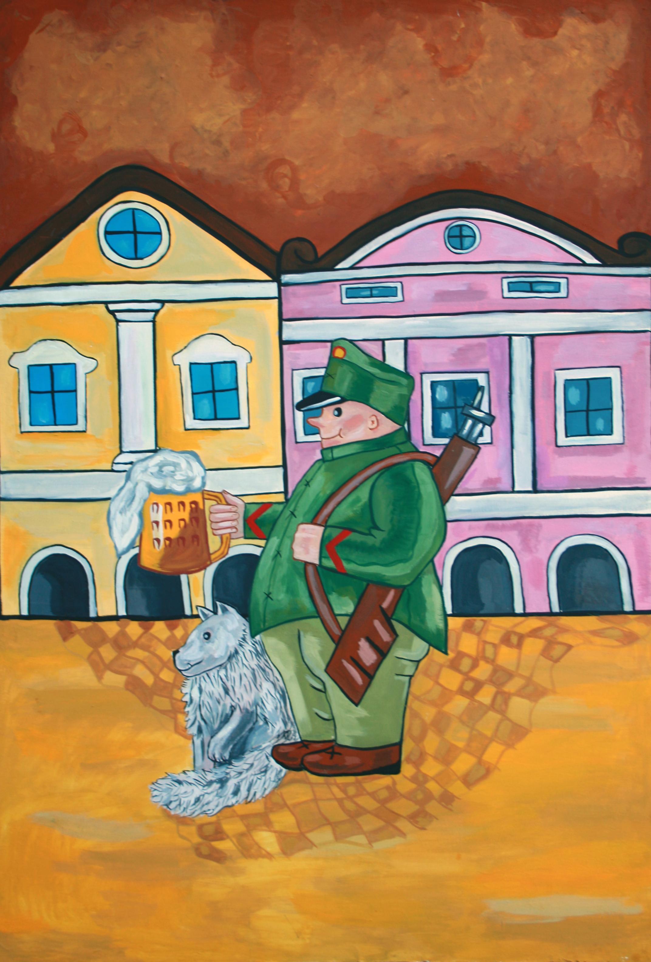 Svejk And The Beer II – Figuratives Gemälde in Gelb, Braun, Grün, Blau und Rosa 
