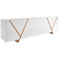 Off-White Sideboard with Teak Inlays and Ample Storage Compartments, Ypis Line