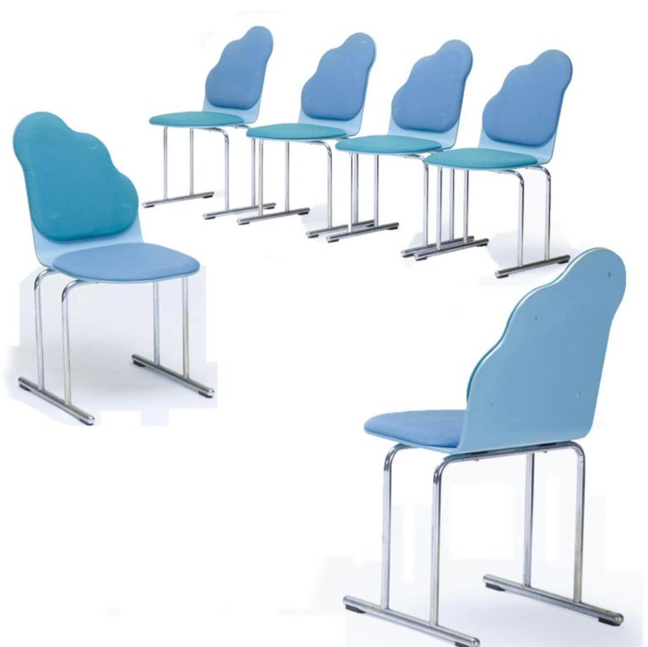 Stainless Steel Yrjö Kukkapuro Cloud Chair Set of 6, Sky Blue and Teal, Avarte Finland, 1984 For Sale