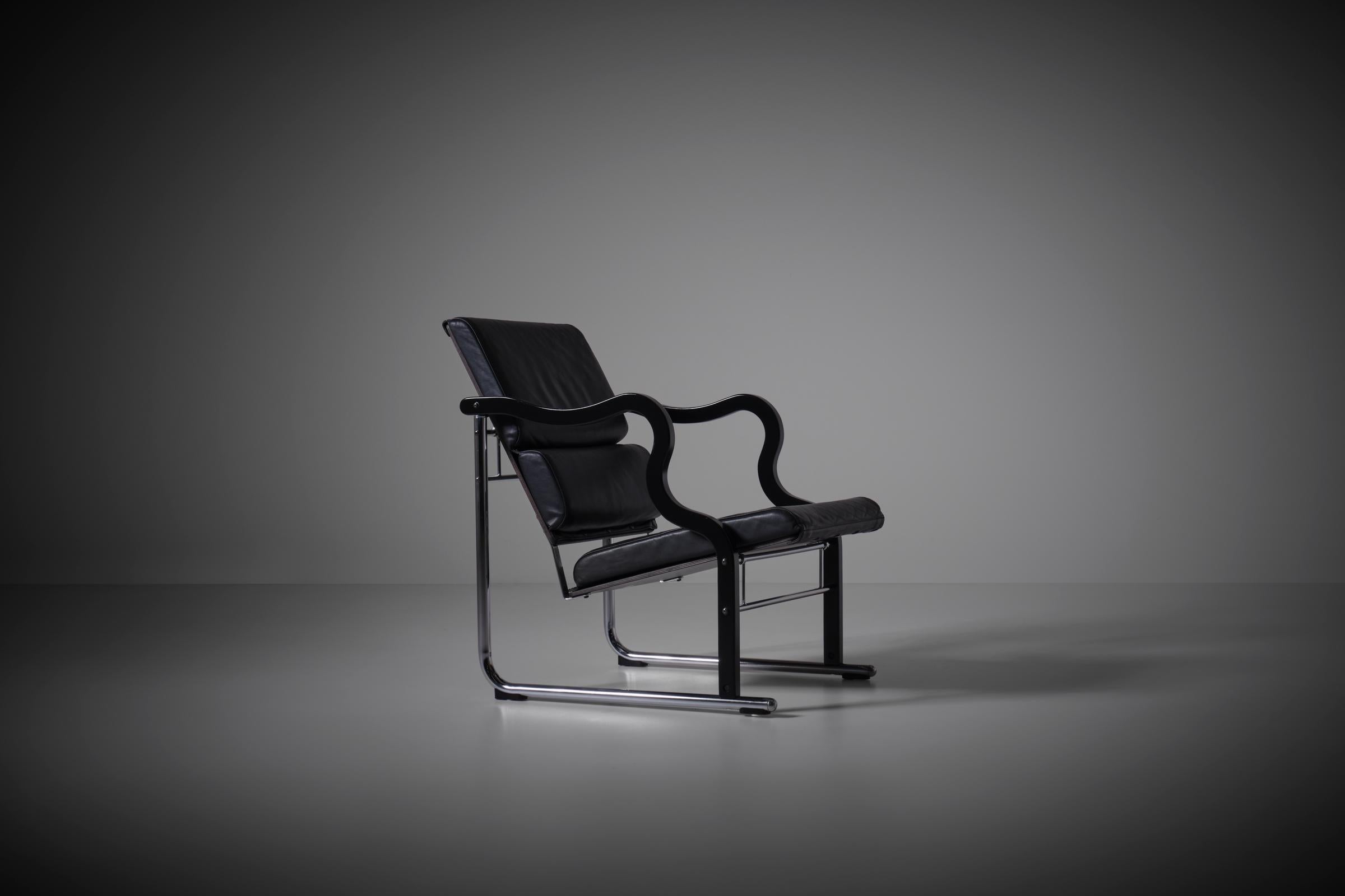 Yrjö Kukkapuro easy chair from the 'Experiment series' for Avarte, Finland 1982. Experimental outspoken design hence the name 'experimental series', experimental yet restrained with the feeling of a prototype; chromed tubular frame with black