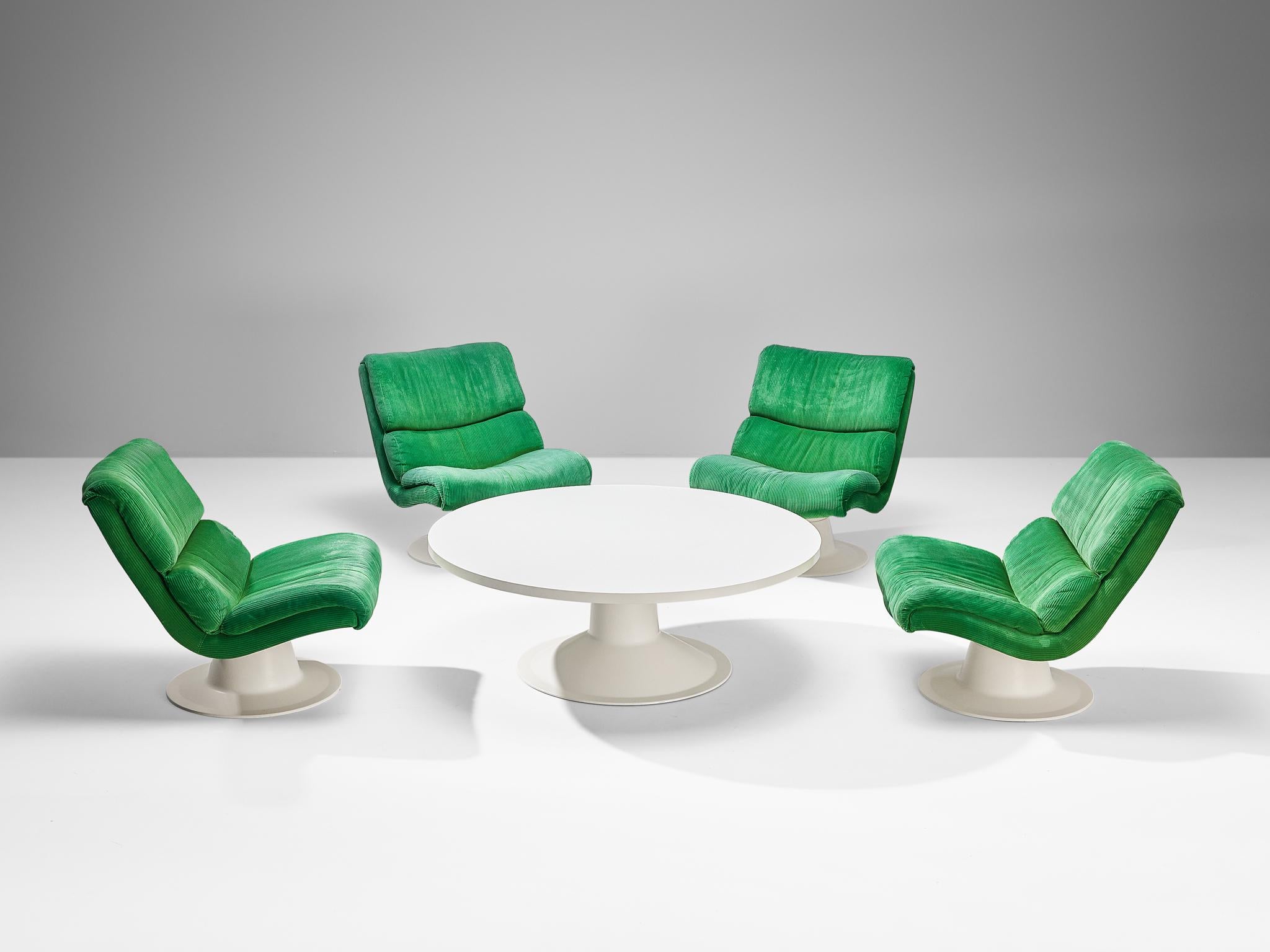 Yrjö Kukkapuro for Haimi, 'Saturnus' set of four lounge chairs and coffee table, fabric, fiberglass, Finland, 1960s

Stunning five piece living room set in bright green upholstery and white fiberglass by Finnish designer Yrjö Kukkapuro. These