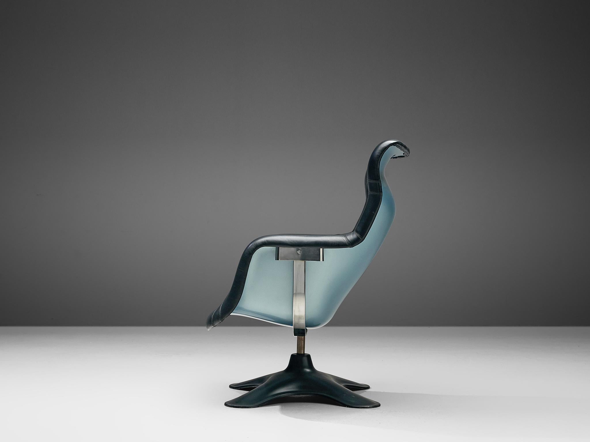 Yrjö Kukkapuro for Haimi, 'Karuselli' lounge chair, black leather, metallic blue and black fiberglass, Finland, 1960s.

Organic shaped lounge chair by Finnish designer Yrjö Kukkapuro. This chair consist of a moulded plastic shell with thick leather