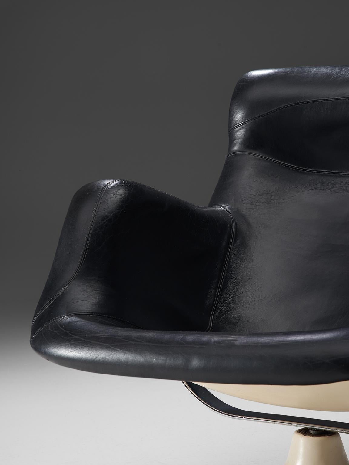 Metal Yrjo Kukkapuro 'Karuselli' Lounge Chair in Black Leather Upholstery