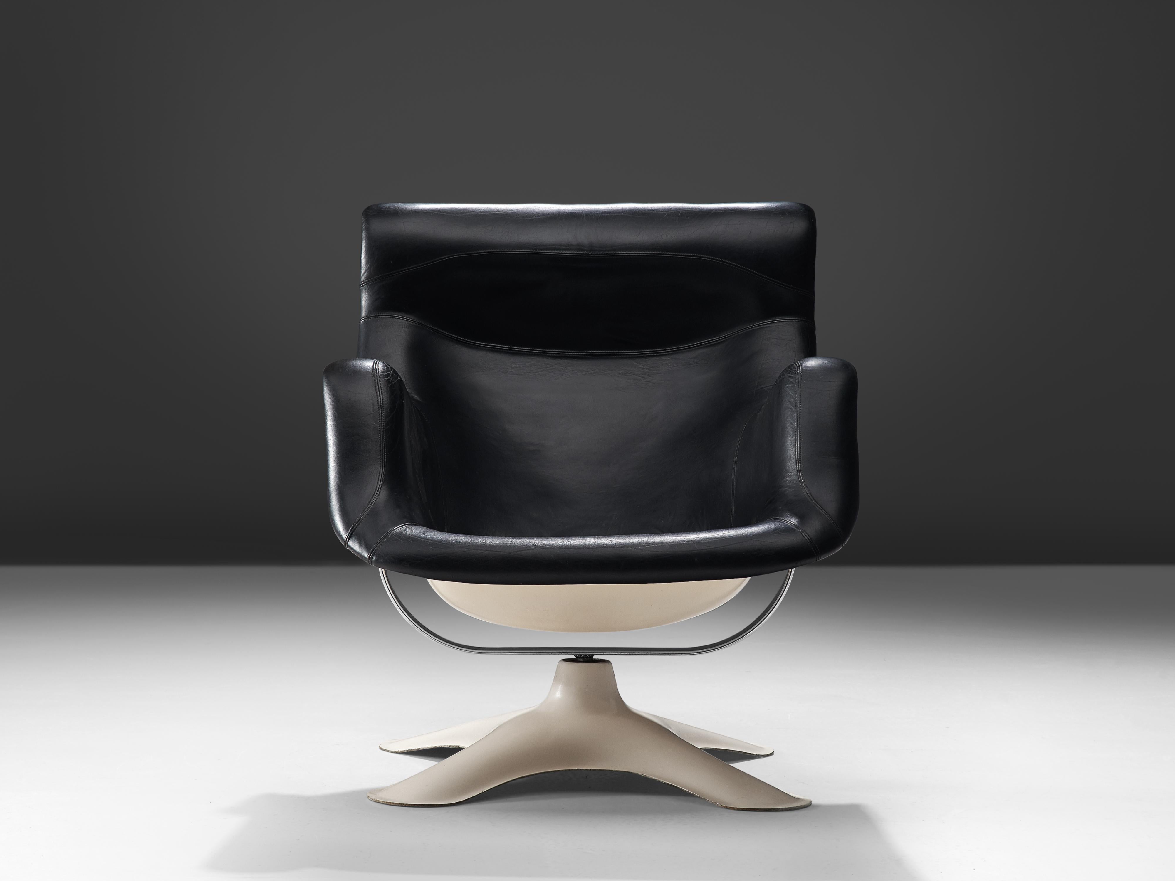 Metal Yrjo Kukkapuro 'Karuselli' Lounge Chair in Black Leather Upholstery