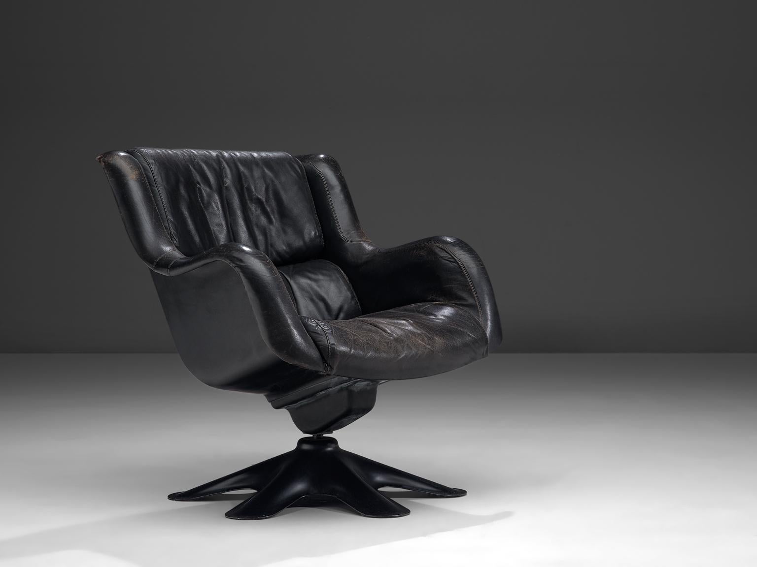 Mid-Century Modern Yrjo Kukkapuro 'Karuselli' Lounge Chair in Black Patinated Leather