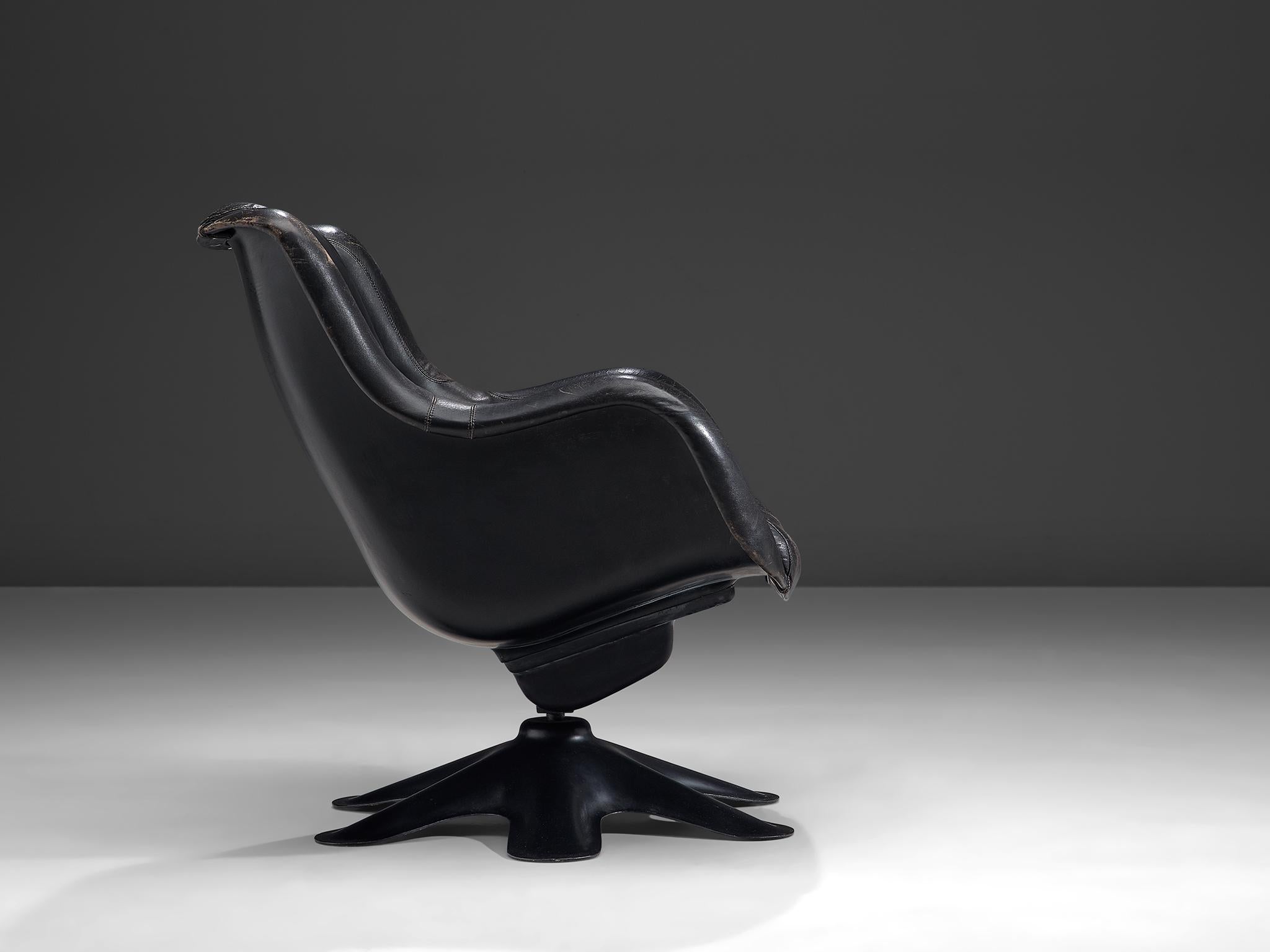 Finnish Yrjo Kukkapuro 'Karuselli' Lounge Chair in Black Patinated Leather