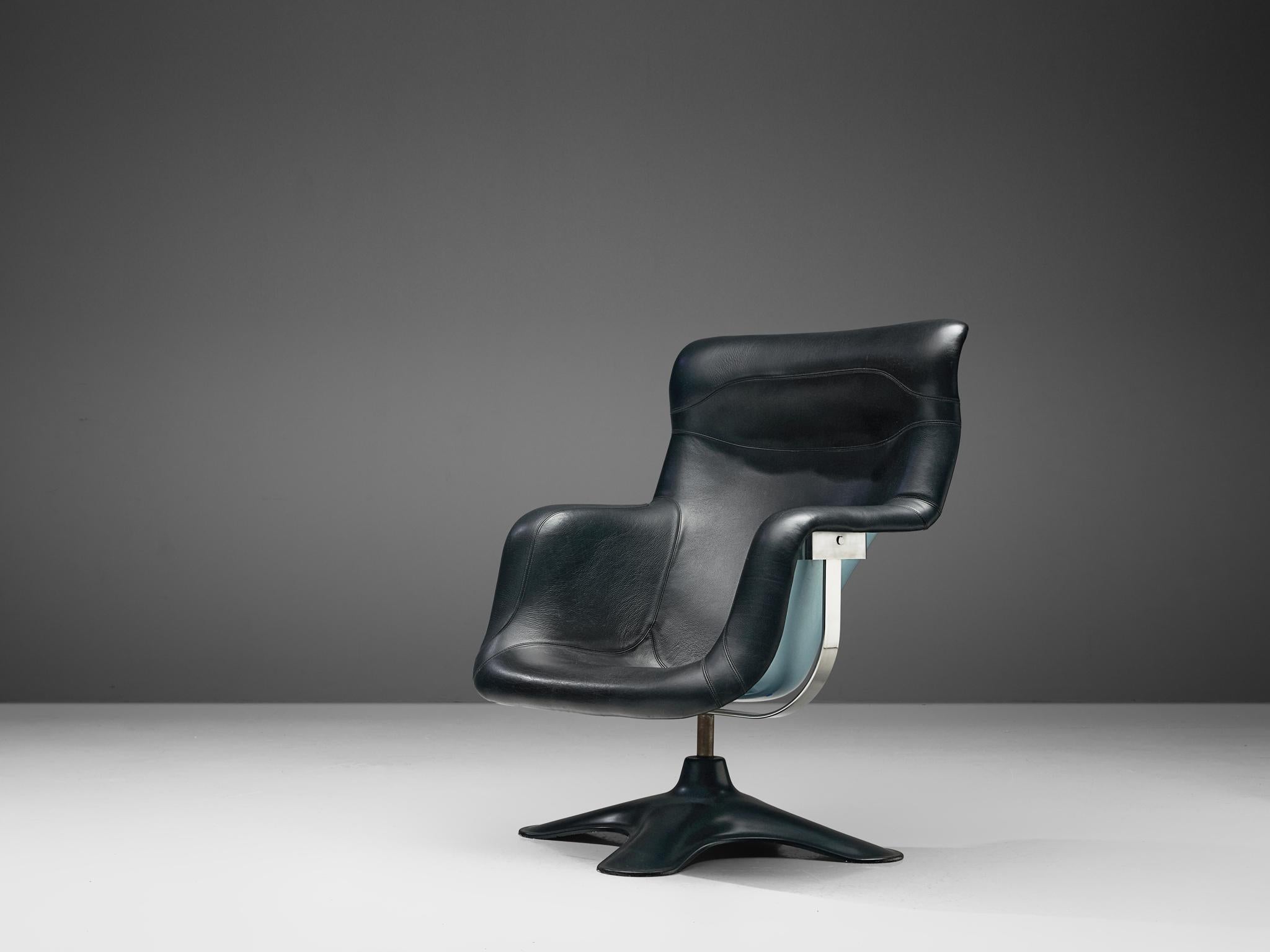 Finnish Yrjö Kukkapuro Karuselli Lounge Chair in Leather & Light Blue Metallic  For Sale