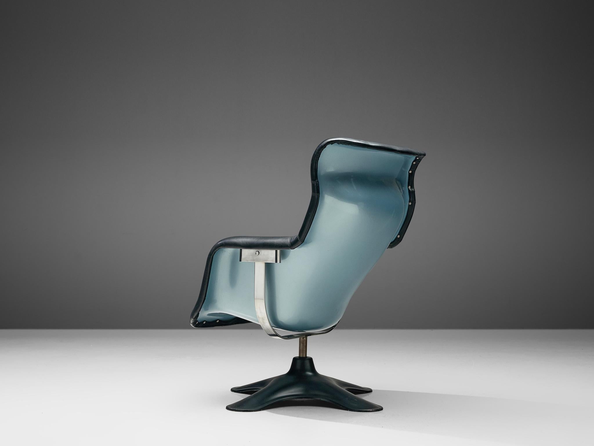 Yrjö Kukkapuro Karuselli Sessel aus Leder & Light Blue Metallic  (Mitte des 20. Jahrhunderts) im Angebot
