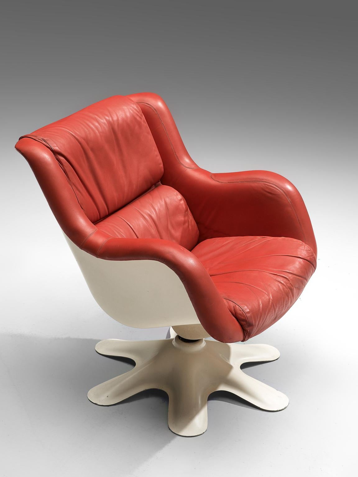 Metal Yrjo Kukkapuro 'Karuselli' Lounge Chair in Red Leather