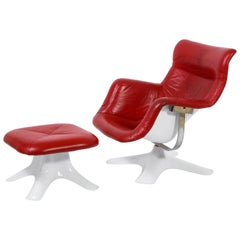 Yrjo Kukkapuro ''Karuselli" Lounge Chair & Ottoman in Red Leather, Finland 1960s