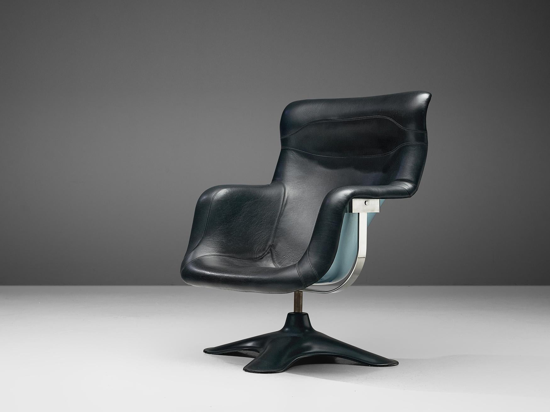 Mid-Century Modern Yrjö Kukkapuro Lounge Chair 'Karuselli' in Black Leather and Light Blue Metallic